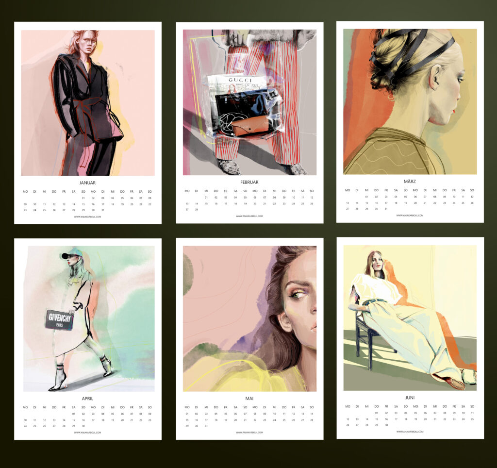 Kalenderblätter mit Modeillustrationen